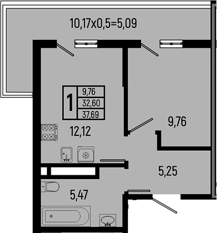 1-комн., 32.6 м², 17/18 этаж, ЖК «Ботаника Хиллс»