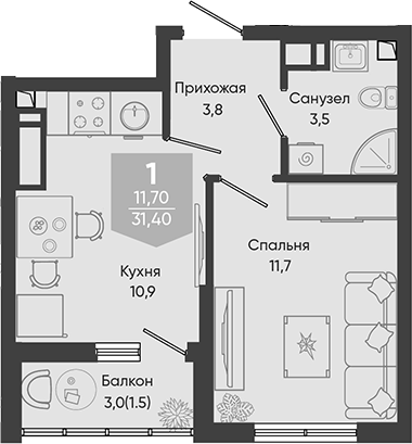 1-комн., 29.9 м², 22/24 этаж, ЖК «Облака»