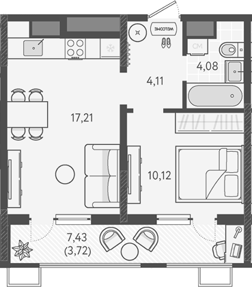 1-комн., 35.52 м², 12/18 этаж, ЖК «Теплые края»