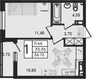 1-комн., 35.36 м², 4/9 этаж, ЖК «Дом 101»