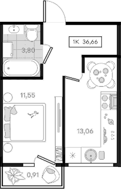 1-комн., 35.75 м², 4/8 этаж, ЖК «История 3»