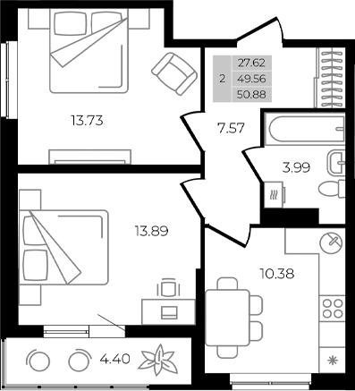 2-комн., 49.56 м², 7/8 этаж, ЖК «Курортный регион»