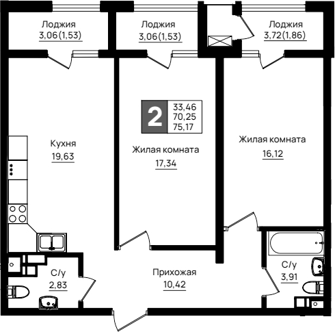 2-комн., 70.25 м², 2/9 этаж, ЖК «Резиденция морей»