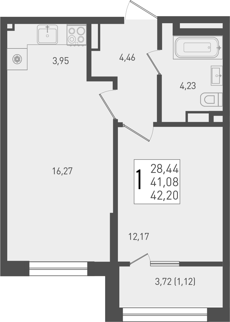 2-комн., 41.08 м², 2/9 этаж, ЖК «Югге»