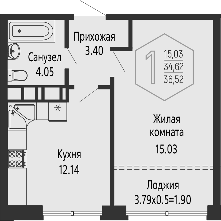 1-комн., 34.62 м², 24/24 этаж, ЖК «Гарантия PRIME»