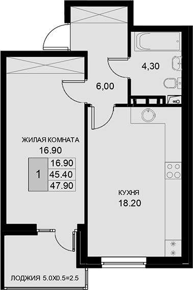 1-комн., 45.4 м², 6/7 этаж, ЖК «История»