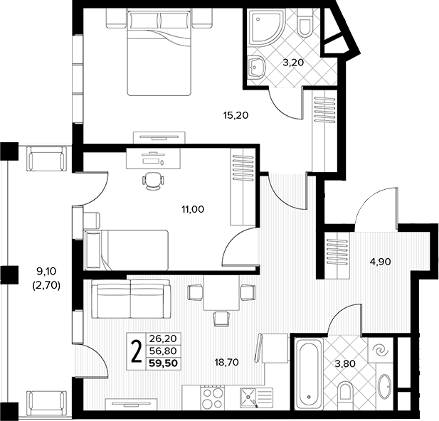 2-комн., 56.8 м², 8/8 этаж, ЖК «Кипарис»