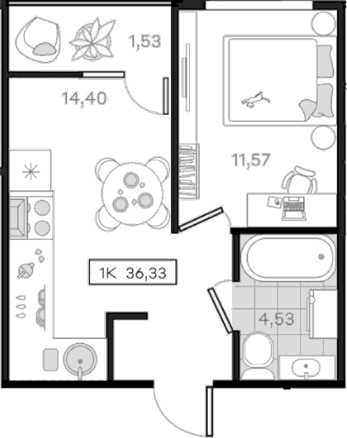 1-комн., 34.8 м², 8/8 этаж, ЖК «История 3»