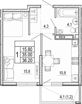 1-комн., 35 м², 11/17 этаж, ЖК «Лестория»