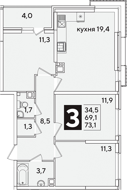 4+ комнаты, 69.1 м², 3/16 этаж, ЖК «Самолет»