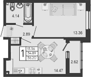 Продается 1-комн. квартира, 34.89 м²