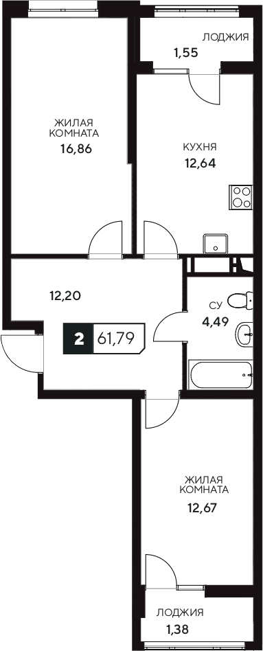 2-комн., 58.86 м², 5/20 этаж, ЖК «Центральный. Гамма»