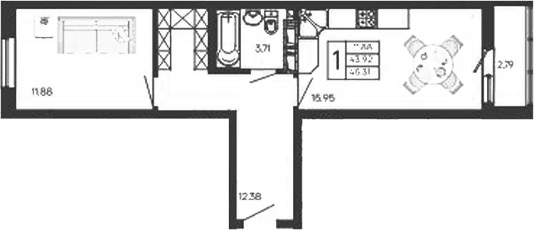 1-комн., 43.91 м², 9/18 этаж, ЖК «Дом 101»