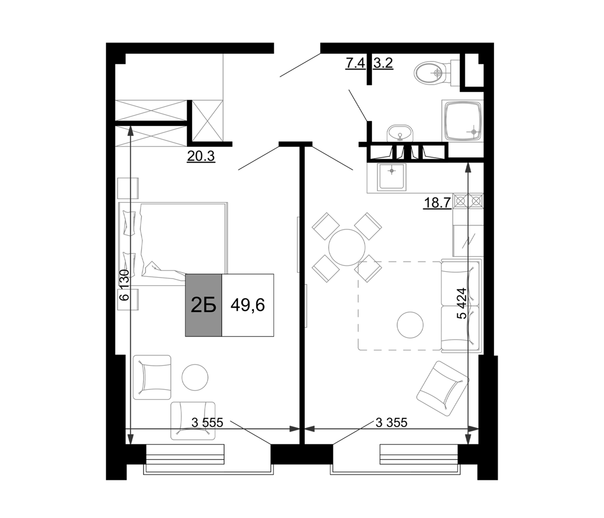2-комн., 49.6 м², 2/9 этаж, ЖК «Гостиничный комплекс Мореград»