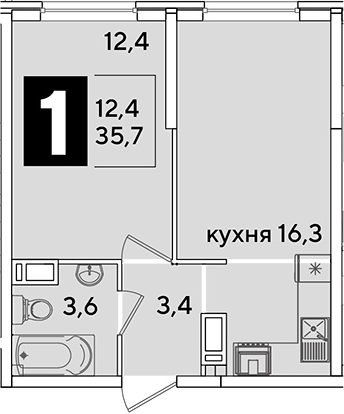 2-комн., 35.7 м², 12/16 этаж, ЖК «Самолет»