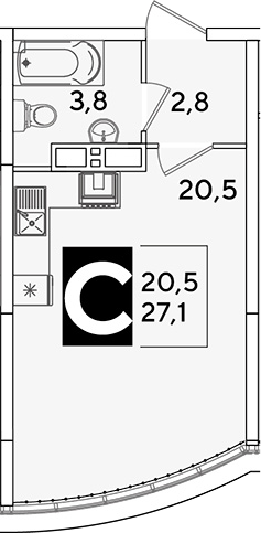 Студия, 27.1 м², 16/16 этаж, ЖК «Самолет»