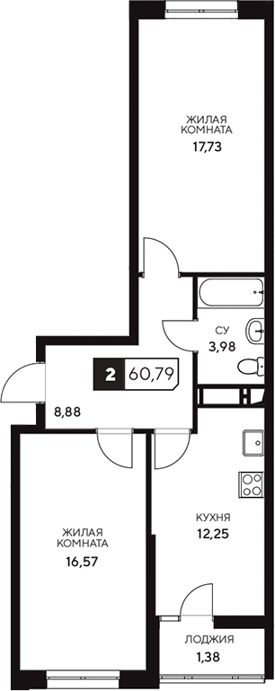 2-комн., 59.41 м², 6/20 этаж, ЖК «Центральный. Гамма»