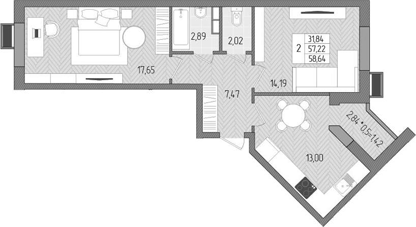 2-комн., 57.22 м², 8/8 этаж, ЖК «Сады у моря»