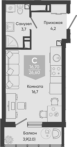 Студия, 24.6 м², 23/24 этаж, ЖК «Облака»