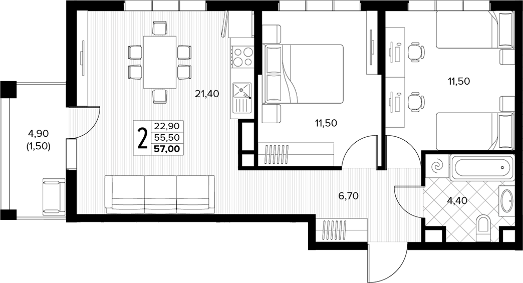 Продается 2-комн. квартира, 55.5 м²