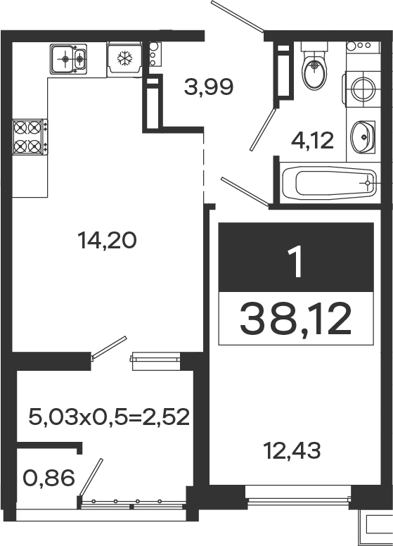 1-комн., 34.74 м², 13/18 этаж, ЖК «Образцово»