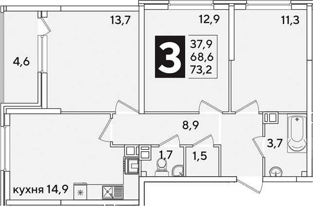 Продается 3-комн. квартира, 69.2 м²