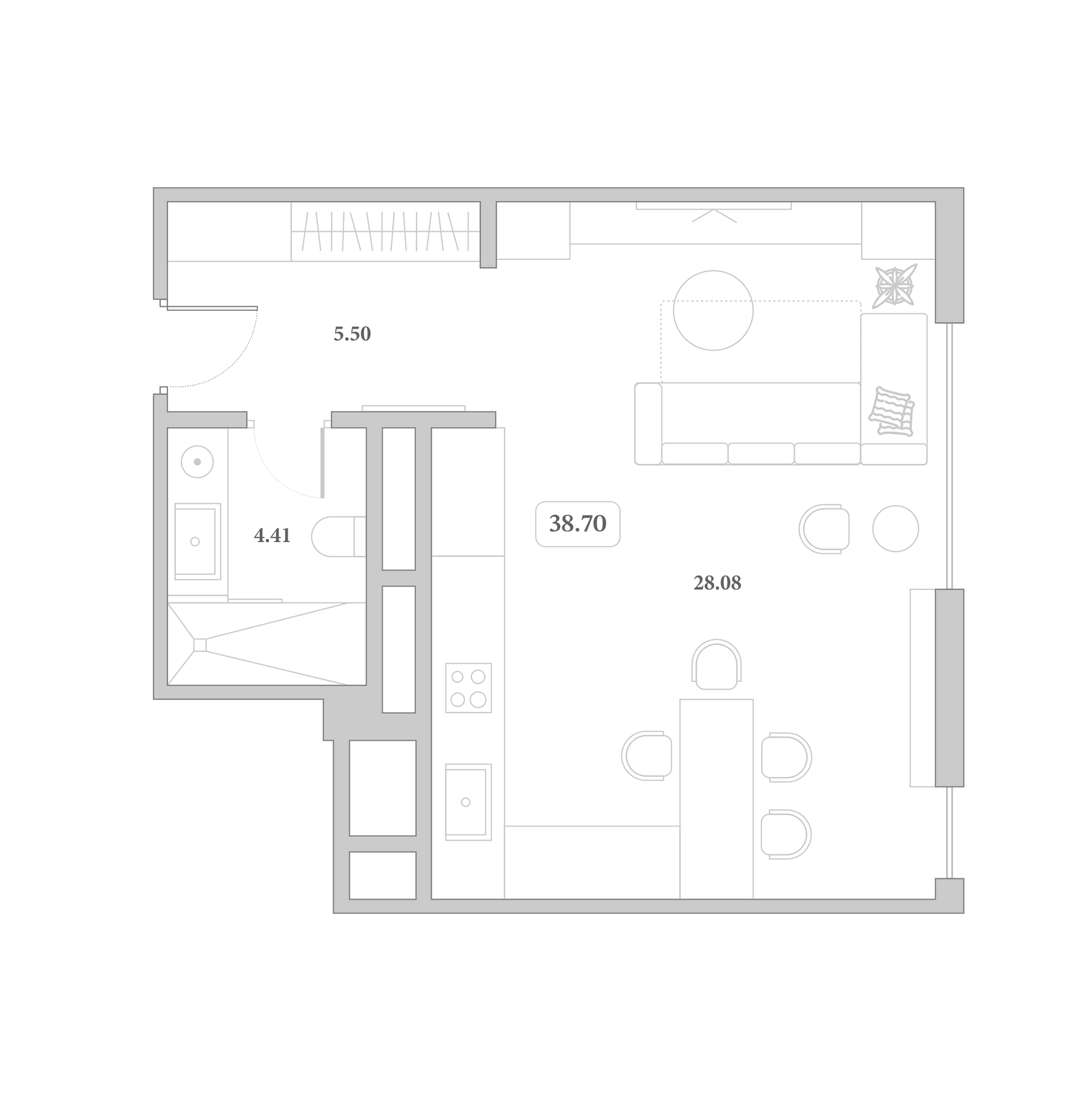 Студия, 38.7 м², 3/7 этаж, ЖК «Граф Толстой»