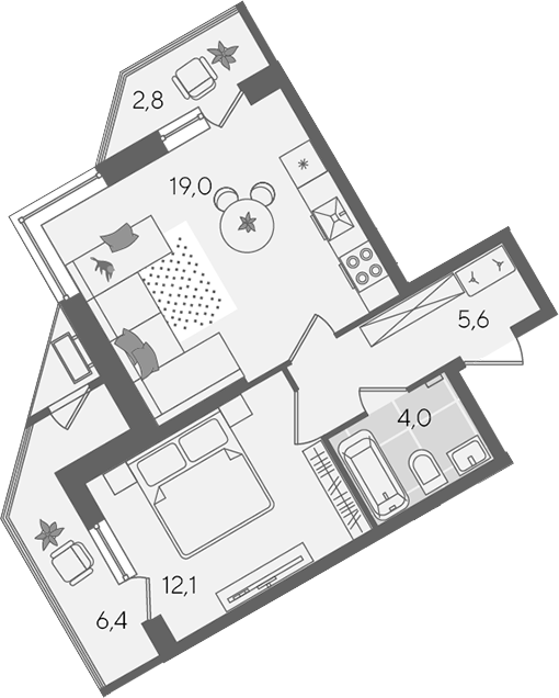 2-комн., 40.7 м², 2/24 этаж, ЖК «Рекорд»