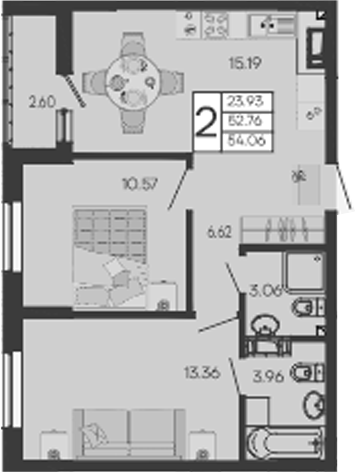 2-комн., 52.76 м², 4/9 этаж, ЖК «Дом 101»