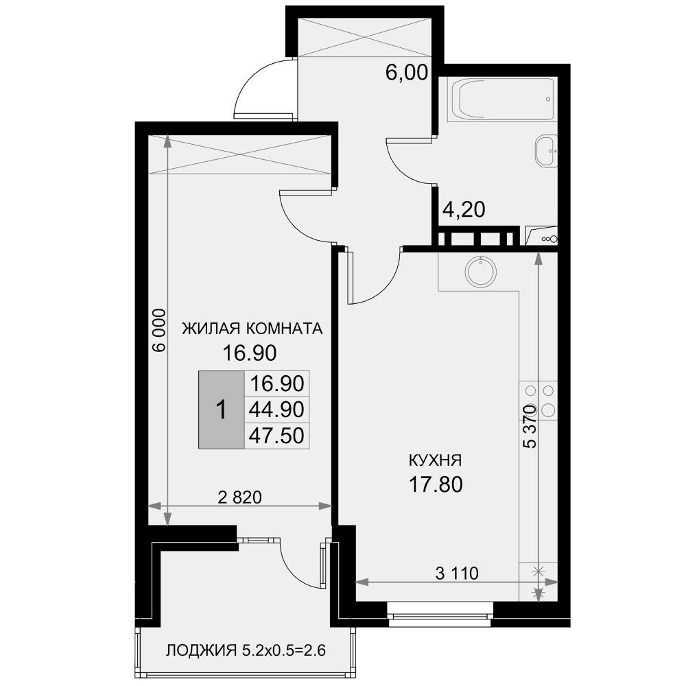 2-комн., 44.9 м², 7/7 этаж, ЖК «История»