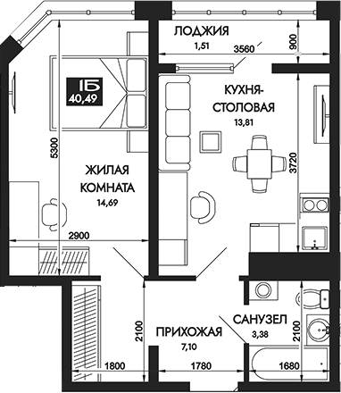 1-комн., 38.98 м², 13/16 этаж, ЖК «Вершины. ГК Смена»