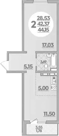 1-комн., 42.37 м², 8/8 этаж, ЖК «Молодежный 2»
