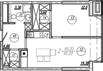 2-комн., 46.8 м², 15/18 этаж, ЖК «АКСИС Центр»