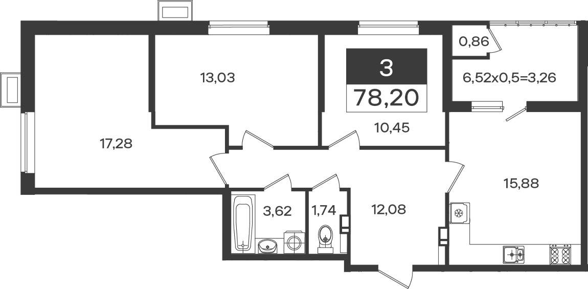 3-комн., 74.08 м², 4/18 этаж, ЖК «Образцово»