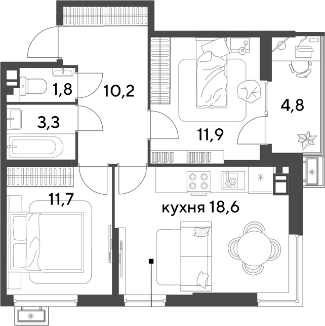 3-комн., 57.5 м², 5/9 этаж, ЖК «Парк Победы»