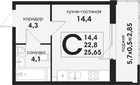 Студия, 22.8 м², 1/4 этаж, ЖК «Новая Елизаветка»