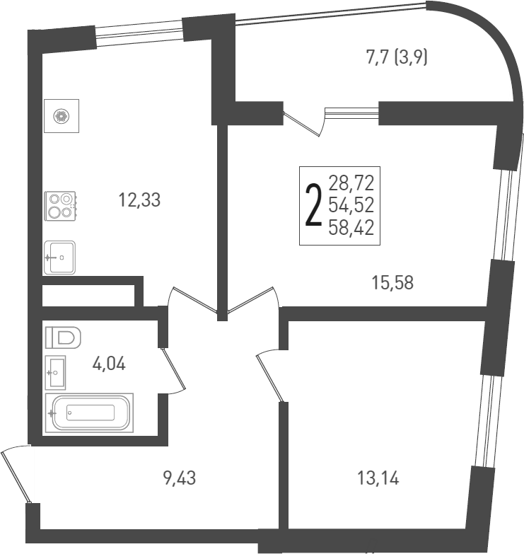 2-комн., 55.9 м², 23/24 этаж, ЖК «ЖК «Кубанская Крепость»»
