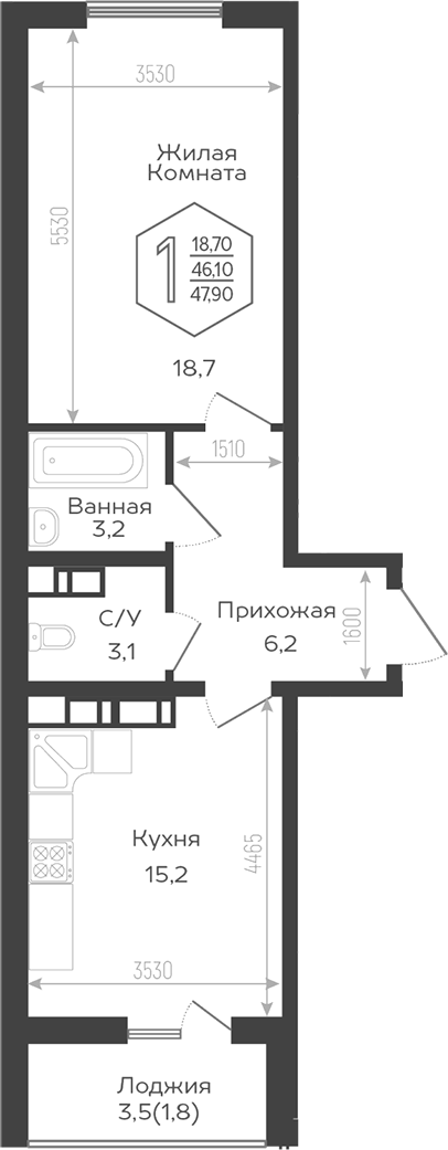 1-комн., 44.7 м², 17/21 этаж, ЖК «Гарантия PRIME»
