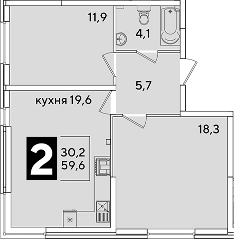 3-комн., 59.6 м², 2/16 этаж, ЖК «Самолет»