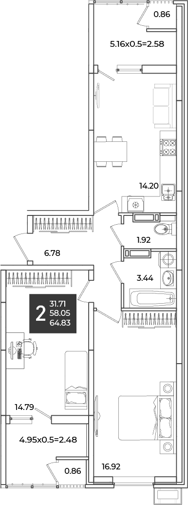 2-комн., 58.05 м², 16/18 этаж, ЖК «Образцово»