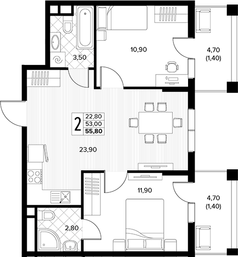 2-комн., 53 м², 2/7 этаж, ЖК «Кипарис»