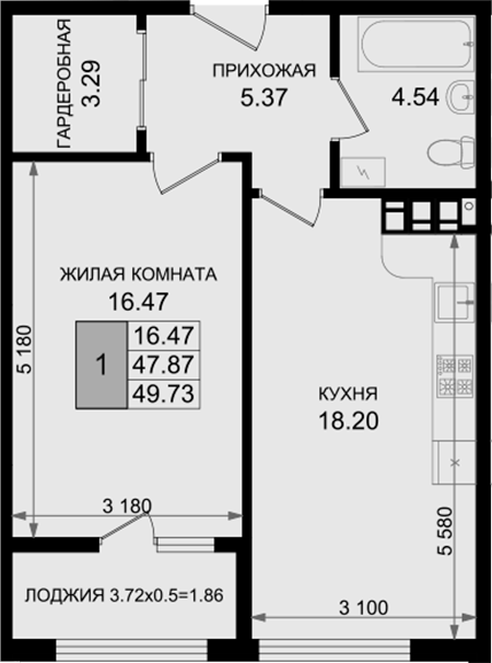 1-комн., 47.87 м², 8/8 этаж, ЖК «Резиденция морей»