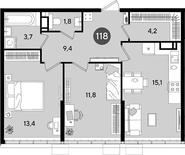 2-комн., 59.4 м², 16/16 этаж, ЖК «DОГМА ПАРК»