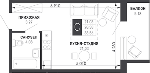 Студия, 28.38 м², 7/9 этаж, ЖК «Иначе в Молодежном»