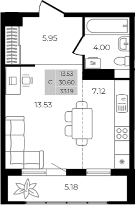 Студия, 30.6 м², 1/8 этаж, ЖК «Курортный регион»