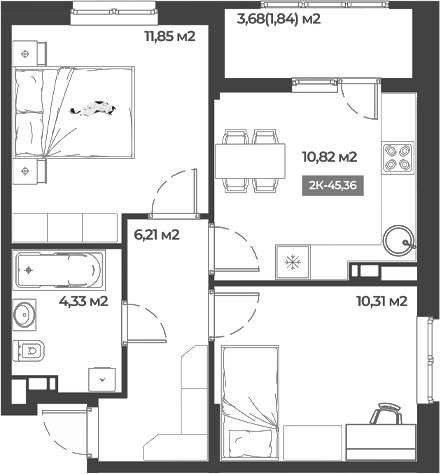 2-комн., 43.52 м², 5/5 этаж, ЖК «Соловей»
