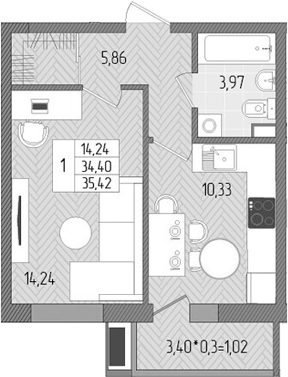 1-комн., 34.4 м², 1/8 этаж, ЖК «Сады у моря»