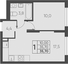 1-комн., 35.7 м², 1/15 этаж, ЖК «Барса»