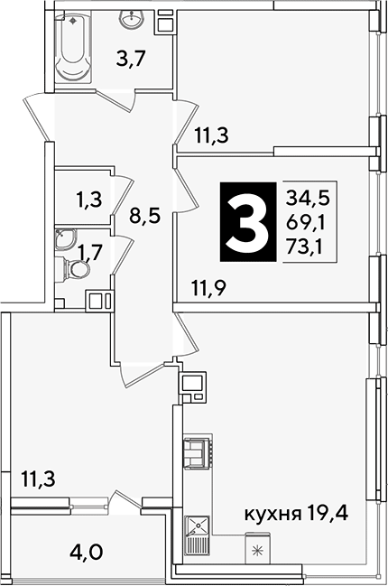 Продается 4-комн. квартира, 69.1 м²