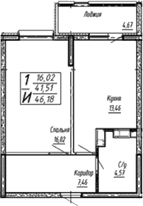 1-комн., 41.4 м², 12/16 этаж, ЖК «Спутник»